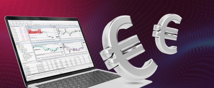 A laptop screen shows MT4 trading charts and market indicators while large silver euro symbols float beside it, symbolizing CFD traders analyzing euro forex markets and digital trading trends