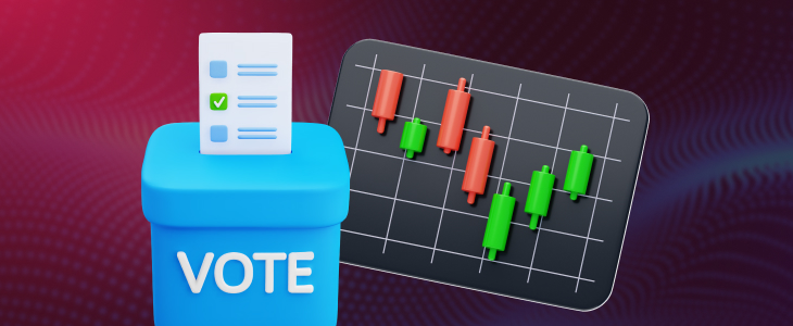 A blue ballot box labeled ‘VOTE’ sits next to a forex candlestick chart with red and green bars. The image represents how elections influence market volatility and forex trading movements