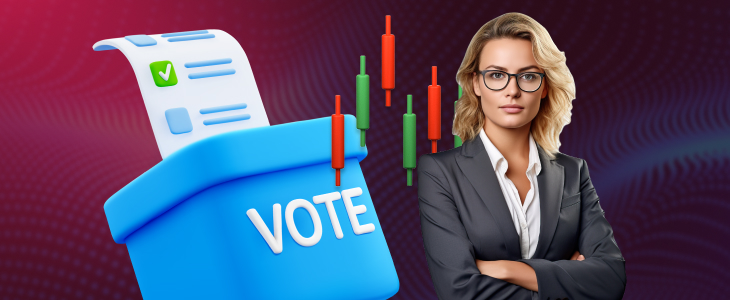 A woman in a business suit stands beside a blue ballot box labeled ‘VOTE,’ with forex candlestick charts behind her, symbolizing election impact on forex trading