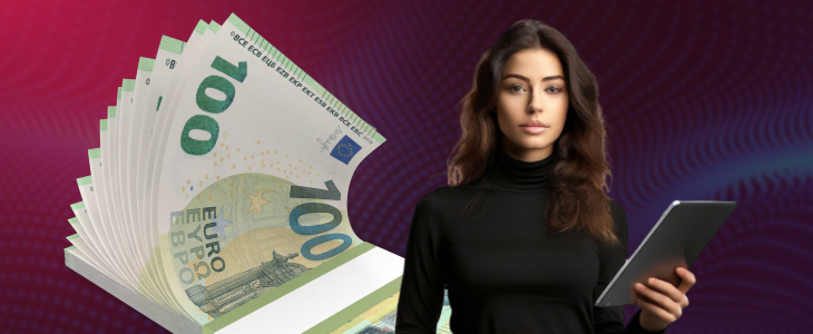 Woman holding a tablet beside a stack of 100 euro banknotes, symbolizing euro trading and financial markets
