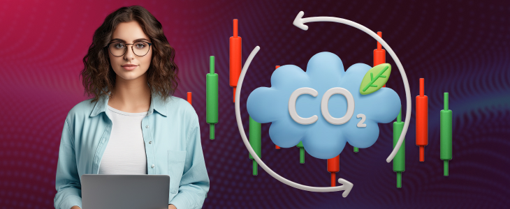 “Woman holding a laptop beside a CO₂ cloud icon with circular arrows and forex candlestick charts, representing green trading and carbon markets.”