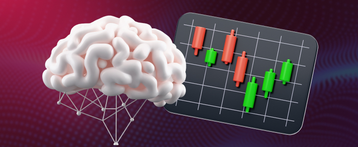 AI and LLM forex trading concept showing a 3D brain with neural connections beside a candlestick chart displaying red and green trading bars on a tech-inspired background.