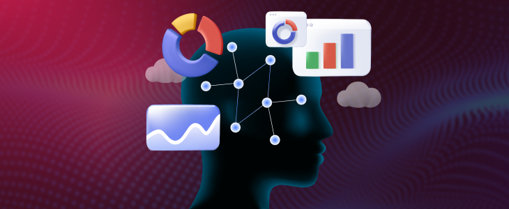 Artificial intelligence, LLM, and forex analytics concept showing a human head silhouette with neural connections, surrounded by data charts, graphs, and pie diagrams on a tech-inspired backgro