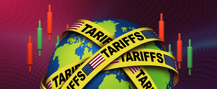 A globe wrapped in “TARIFFS” tape with US flags, surrounded by forex candlestick charts, representing the impact of Trump’s 2025 tariffs on global currency markets.