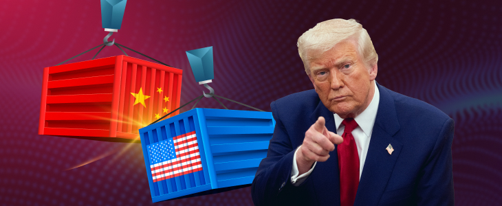 Donald Trump pointing with two shipping containers in the background, one with the US flag and one with the Chinese flag, representing 2025 tariffs and trade tensions.