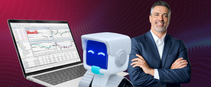 A smiling man stands beside a laptop displaying trading charts and a friendly robot, representing how AI Sentiment Analysis supports smarter MT4 trading.