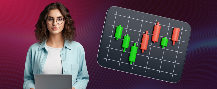 A woman holding a laptop stands beside a candlestick chart, illustrating market movements and trading concepts connected to Commodity Supercycles.