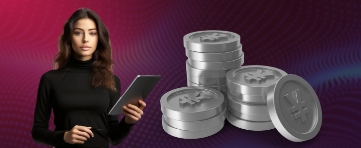 A woman holding a tablet standing beside stacks of silver coins featuring the Yuan symbol on a futuristic digital background.