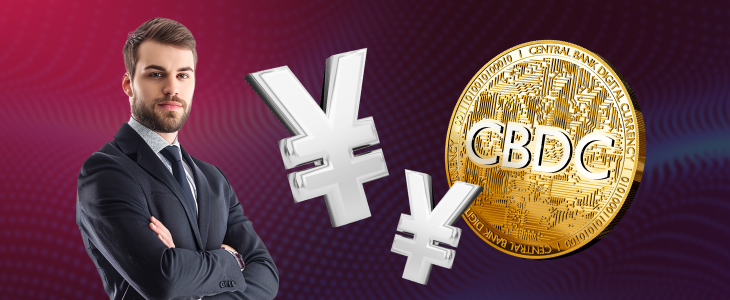 A business professional standing beside large Yuan currency symbols and a gold CBDC coin on a vibrant digital background.