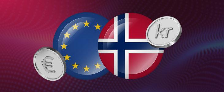 EUR/NOK forex pair illustration showing EU and Norway flags with Euro and Krone symbols, highlighting the 2025 climate trade and green energy trends.
