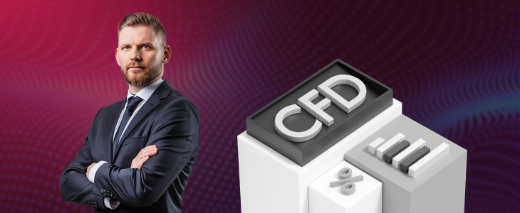 A confident business professional in a suit stands beside 3D financial icons labeled CFD, symbolizing market trends and analysis related to Commodity Supercycles