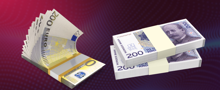 Stacks of Euro and Norwegian Krone banknotes representing EUR/NOK forex trading, currency trends, and the 2025 climate trade outlook.