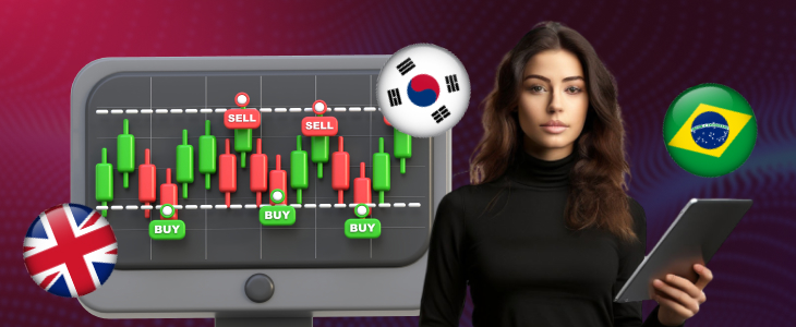 Trader holding a tablet in front of a forex chart with buy and sell signals, surrounded by UK, South Korea, and Brazil flags, illustrating global markets and the role of safe haven FX pairs.