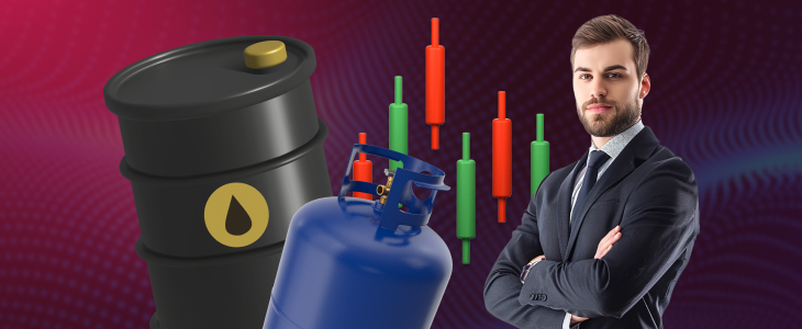 A man in formal attire stands by barrels, illustrating themes of energy pricing and forex market fluctuations.