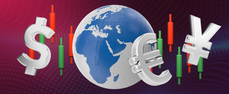 Global forex concept with USD, EUR, and JPY symbols around a world globe and candlesticks, illustrating safe haven FX pairs during market volatility.