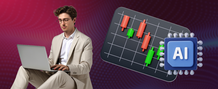 Trader using laptop with AI and candlestick chart graphics, symbolizing AI-powered liquidity hunting and smart market insights.