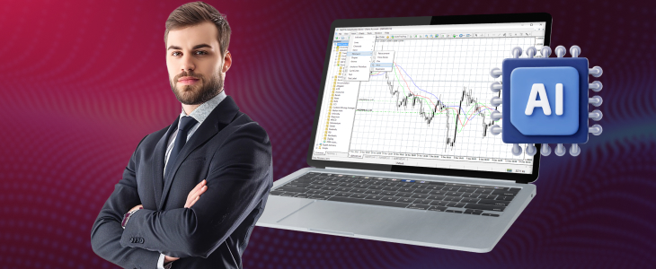 A man in formal attire stands beside a laptop with an AI symbol, illustrating the integration of AI in financial tools in MT4 platform.