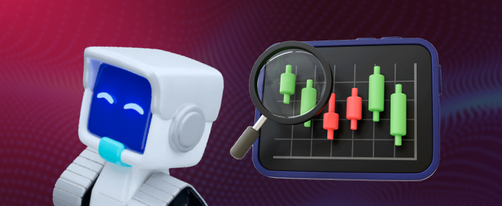 AI robot analyzing candlestick chart with magnifying glass, representing smart liquidity hunting and market insights for traders.