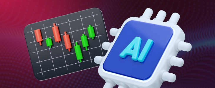 A candlestick chart next to an AI chip icon, illustrating how AI Sentiment Analysis enhances trading accuracy and real-time market evaluation.