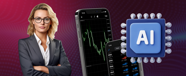 Professional trader standing beside AI-powered MetaTrader 4 mobile charts and an AI chip icon, representing modern forex trading technology.