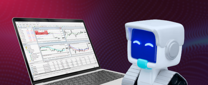 A robot is positioned before a laptop with a chart, illustrating AI-enhanced MT4 plugins for Forex trading.