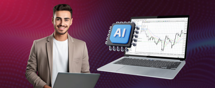 A man holds a laptop displaying an AI logo, representing AI trading assistants for Metatrader 4.