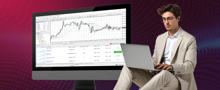 A suited man sits before a computer displaying a stock chart, highlighting AI-enhanced MT4 plugins for Forex analysis.