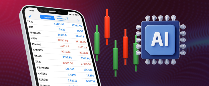 AI trading app interface for Android, featuring trading assistants and Metatrader 4 functionalities.