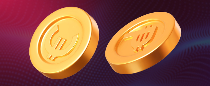 Two gold coins on a vibrant purple background, representing exotic Forex pairs for retail traders in the financial market.