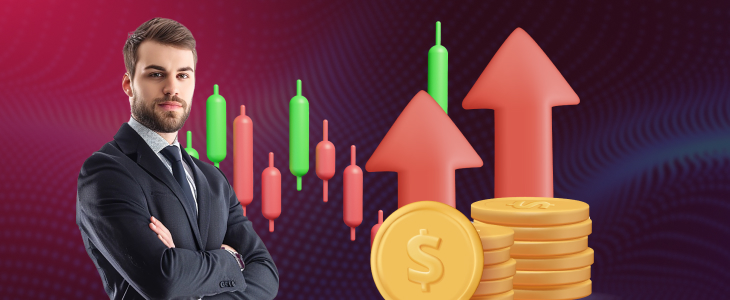 A suited man next to money stacks and an upward arrow, representing rising inflation data for forex traders and markets.
