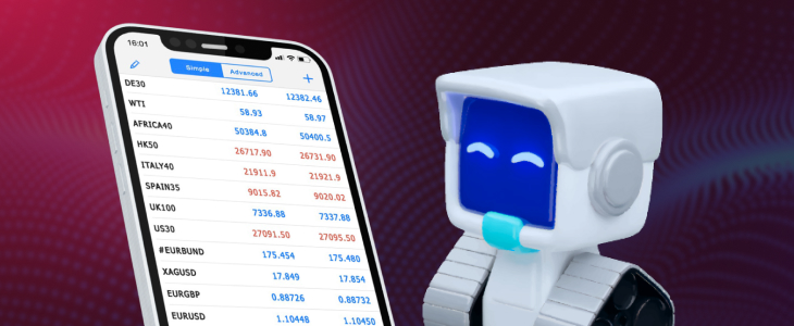 Smiling AI robot beside a smartphone displaying MetaTrader 4 market prices, symbolizing AI-powered enhancements in mobile forex trading.