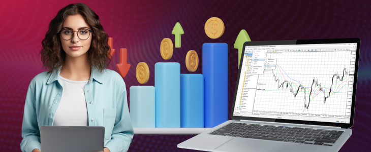 A woman presents a laptop with a chart illustrating trends in Sovereign Wealth Funds and the forex market.